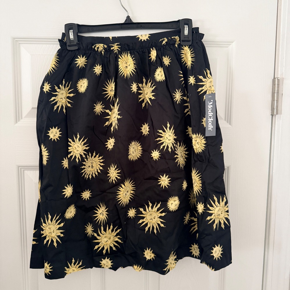 ModCloth Sun Celestial Print‎ Cotton A-Line Skirt Black Yellow Paperbag Waist 2
